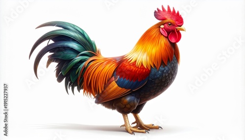 Colorful rooster isolated on white background, detailed farm animal illustration with vibrant feathers and natural lighting.
