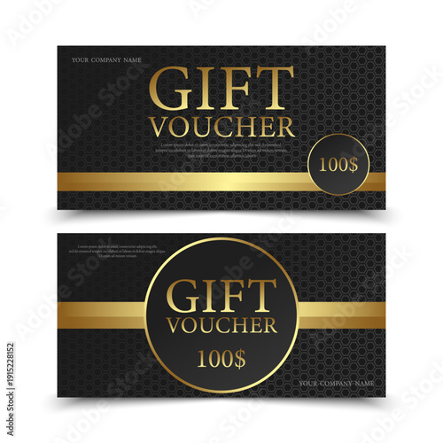 Golden and black gift voucher coupon template. Design with black hexagonal pattern and golden ribbons on it. Vector illustration