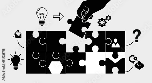 Hand completing a puzzle with various business and idea icons.