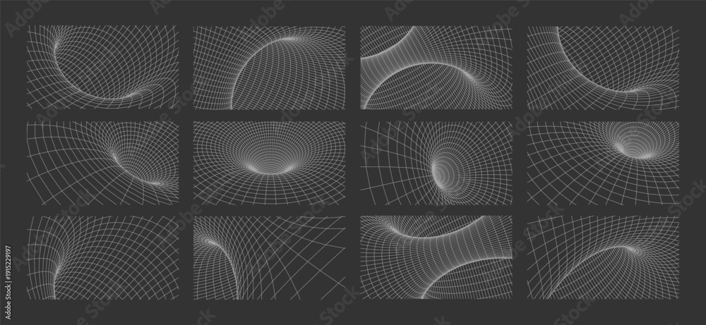 Naklejka premium Abstract geometric 3D wireframe mesh tunnel with perspective grid lines in minimalist black and white style for technology, business, science and digital network designs, futuristic vector.