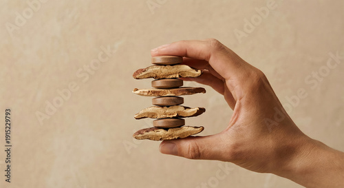 Hand holding stacked mushroom slices with tablets, natural supplement concept