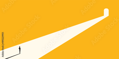 A lone person stands on a bright path leading to an open doorway, symbolizing new opportunities and future journeys.