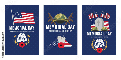 Memorial Day Social Media Template Set with USA Flag, Soldier Icons and Dog Tags – Patriotic Greeting Cards and Banners Vector Illustration