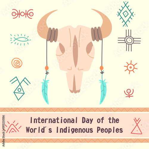 International Day of the Worlds Indigenous Peoples banner with ethnic buffalo skull and symbols. Flat illustration for cultural holiday posters, social media cards or heritage projects