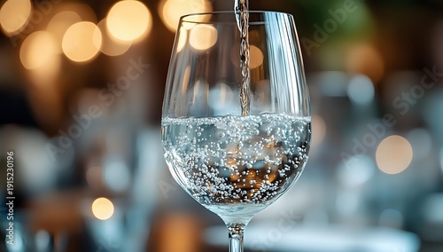 Clear sparkling water being poured into wine glass with bubbles and bokeh lights background for refreshment and hydration concepts.