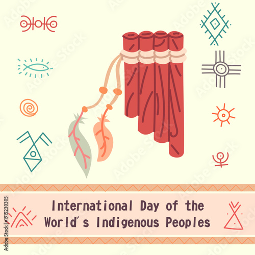 International Day of the Worlds Indigenous Peoples banner with ethnic shaman drum and symbols. Flat illustration for cultural holiday posters, social media cards or heritage projects