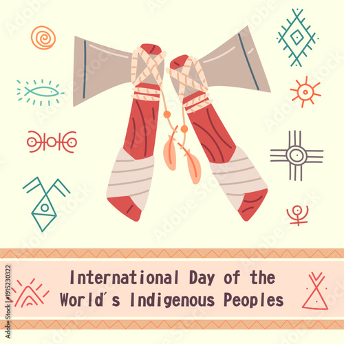 International Day of the Worlds Indigenous Peoples banner with ethnic tomahawks and symbols. Flat illustration for cultural holiday posters, social media cards or heritage projects