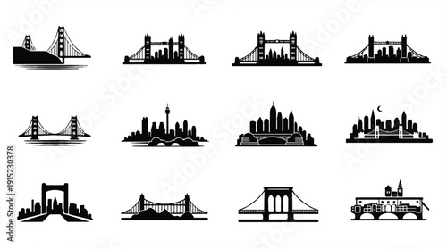 set of city skylines and bridges icons