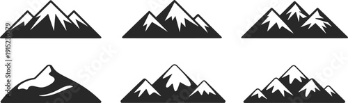 Minimalist mountain silhouette icon set, black snowcapped alpine peaks vector collection isolated on light background for outdoor adventure branding and landscape design