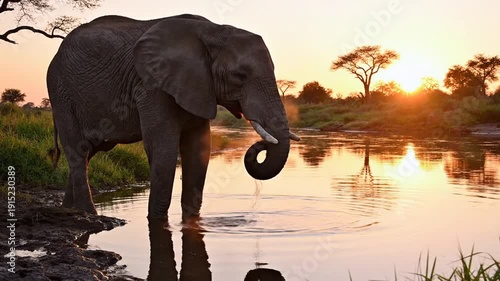 Elephant drinks at watering hole during sunset wildlife scene