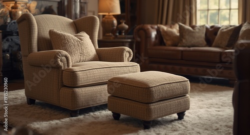 Comfy beige armchair and matching pouf resting on soft carpet inside classic living room with vintage sofa and accessories