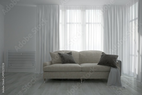 modern room with sofa with pillows and plaid and metal heating battery interior design. 3D illustration