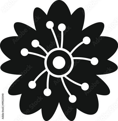 Black flower icon with white stamens and pistil on a white background