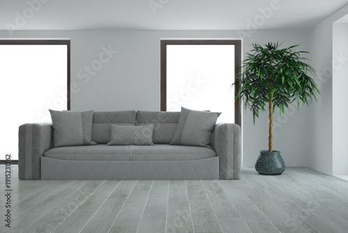 modern room with sofa with pillows and plant in flowerpot near it interior design. 3D illustration