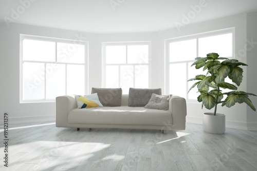 modern room with sofa with pillows and plant in flowerpot interior design. 3D illustration