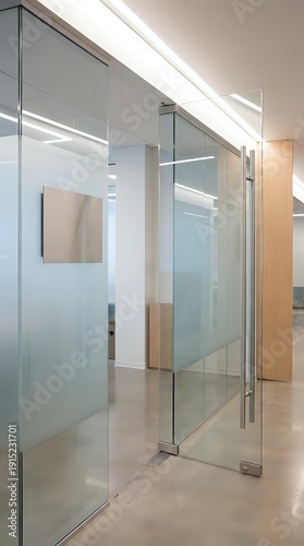 Modern office interior with glass partition walls and wooden accents creating transparent workspace divisions in contemporary corporate environment.
