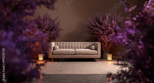 Spacious contemporary room furnished with soft sofa, warm floor lights, and lively purple toned foliage