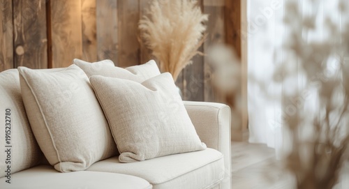 Cozy interior mockup featuring warm white lighting with a large sofa and oak wall accents