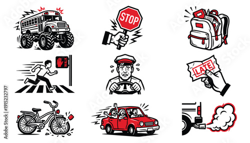 Morning Rush Iconography School Transportation, Tardiness, and Traffic