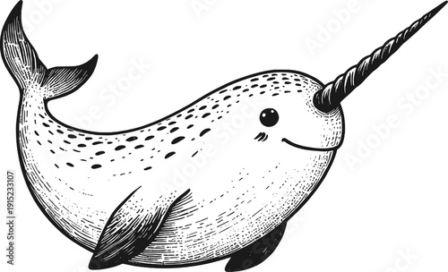 Tusked Wonder: A Narwhal’s Tale in Lines Narwhal linework sketch hand drawn pen drawing vector illustration
