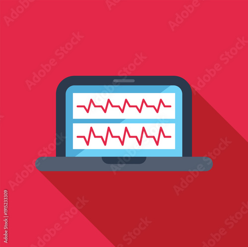 Laptop showing an ekg heartbeat pulse wave graphic on screen with long shadow