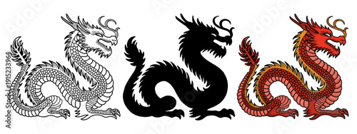 Vibrant dragon illustrations in black, white, and red for cultural designs. Hand drawn Asian dragon collection for Lunar New Year, tattoo and branding