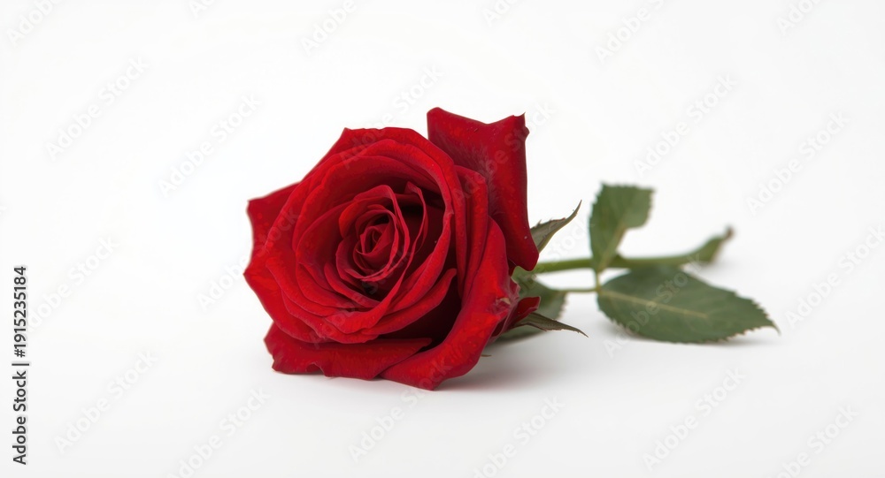 Naklejka premium Elegant crimson rose with pointed thorns isolated on white background space for heartfelt text