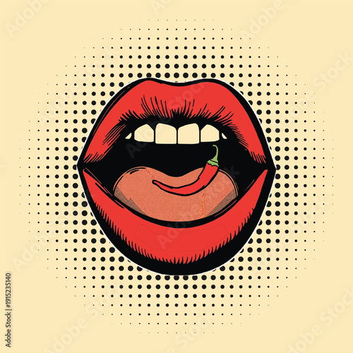 Retro pop art lips with chili pepper, vintage comic style, halftone dots background, spicy food, vibrant colors, modern advertising graphic