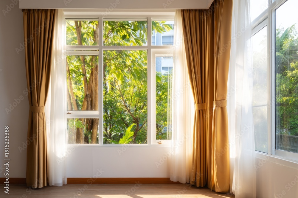 Fototapeta premium Bright and Airy Living Room with Open Windows and Natural Light Streaming In