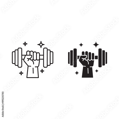 Strong arm flexing with a barbell depicted in dual line art styles