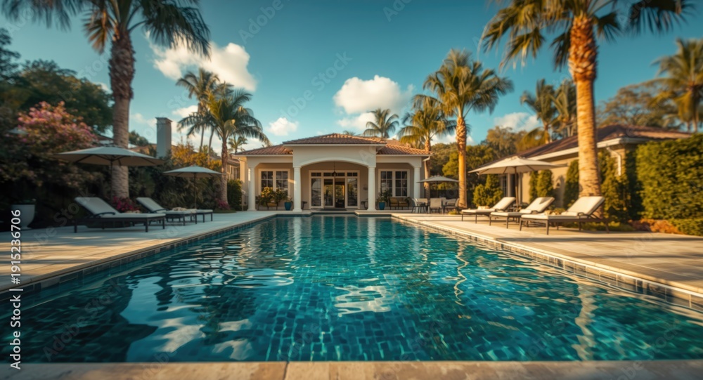Fototapeta premium Opulent home swimming pool setting with backyard and copy space