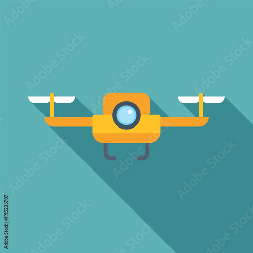 Yellow drone quadcopter with camera flying, casting long shadow on blue background