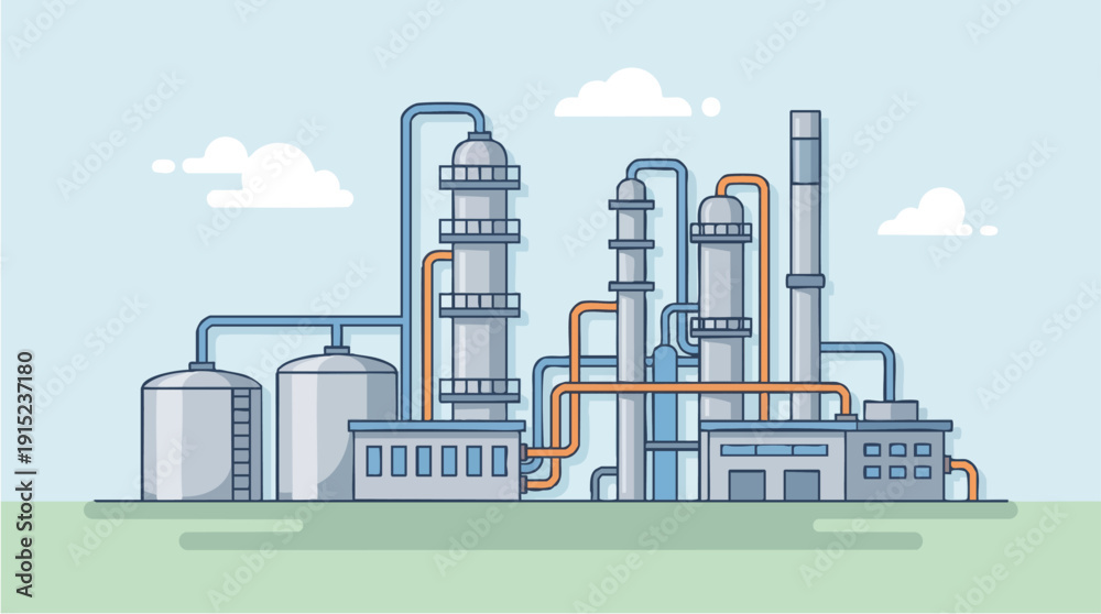 Obraz premium Industrial factory with smokestacks and pipes.