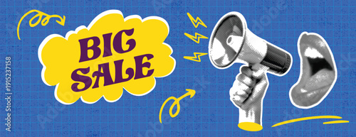 Big sale retro pop art comic style halftone horizontal banner with megaphone and speech bubble, modern social media cover or header advertising promotions and discounts with halftone textures