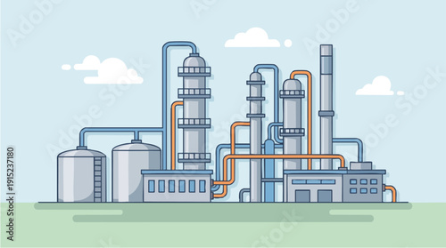 Industrial factory with smokestacks and pipes.