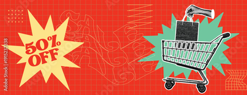 Retro vintage pop art, comic halftone Collage sale horizontal banner with shopping cart, retro pop art collage, vintage advertising, modern graphic design, social media cover