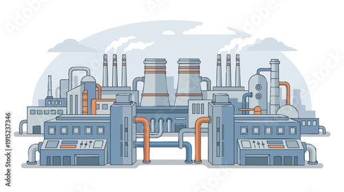 Industrial factory with smokestacks emitting steam.