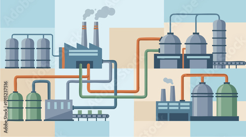 Industrial factory with pipes and tanks.