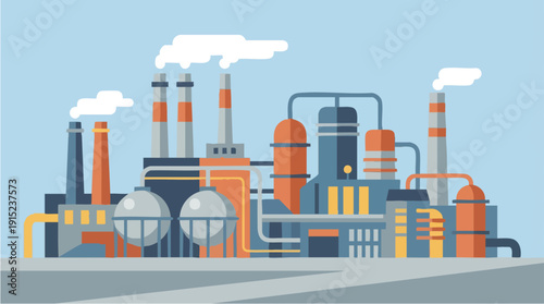 Industrial factory with smokestacks and pipes.