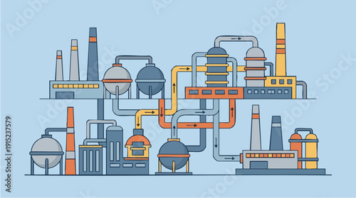 Industrial factory with pipes and chimneys.