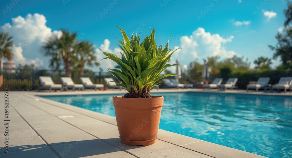 Fototapeta premium A green potted plant enhancing the bright pool area