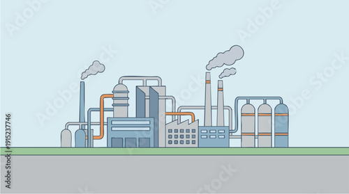 Industrial factory with smokestacks emitting smoke.