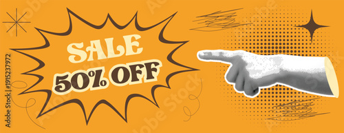 Retro pop art comic style sale discount horizontal banner design featuring pointing hand and speech bubble, modern advertising social media cover or header with halftone elements