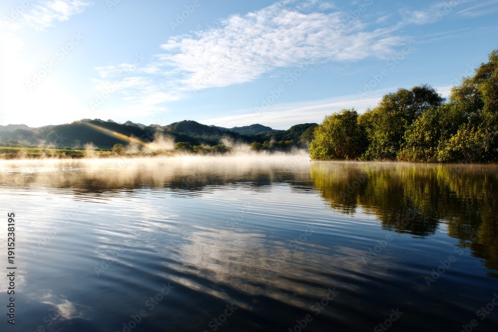 Obraz premium Mist Rising Subtly from Water Surface in Early Morning Light Over Calm Lake