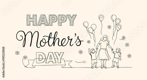 Vector illustration of a mother and her children celebrating Mother's Day with balloons and flowers on a beige background