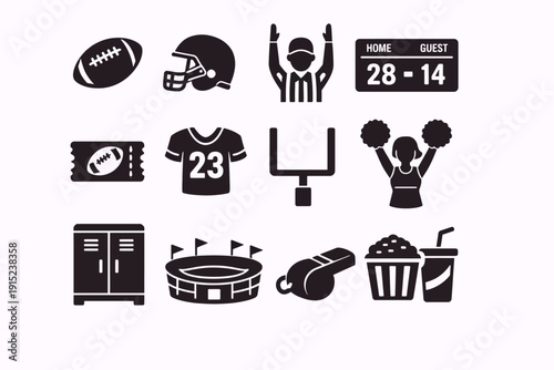 Collection of black and white American football icons including equipment, stadium, and fan items.