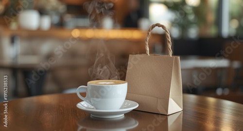 Wallpaper Mural Modern cafe setting showcasing hot coffee cup and dessert bag for food and drink takeaway Torontodigital.ca