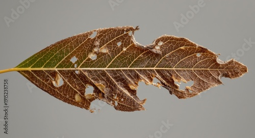 Macro shot of a teak tree leaf with visible harm from specialized moth and worm species
