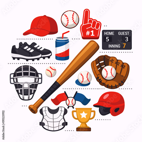 A vibrant collection of baseball equipment and accessories, including a bat, ball, glove, helmet, cap, shoes, and a trophy, arranged in a circular design.