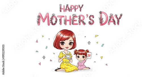 Cartoon mother and daughter in colorful dresses with Happy Mother's Day text on transparent background
